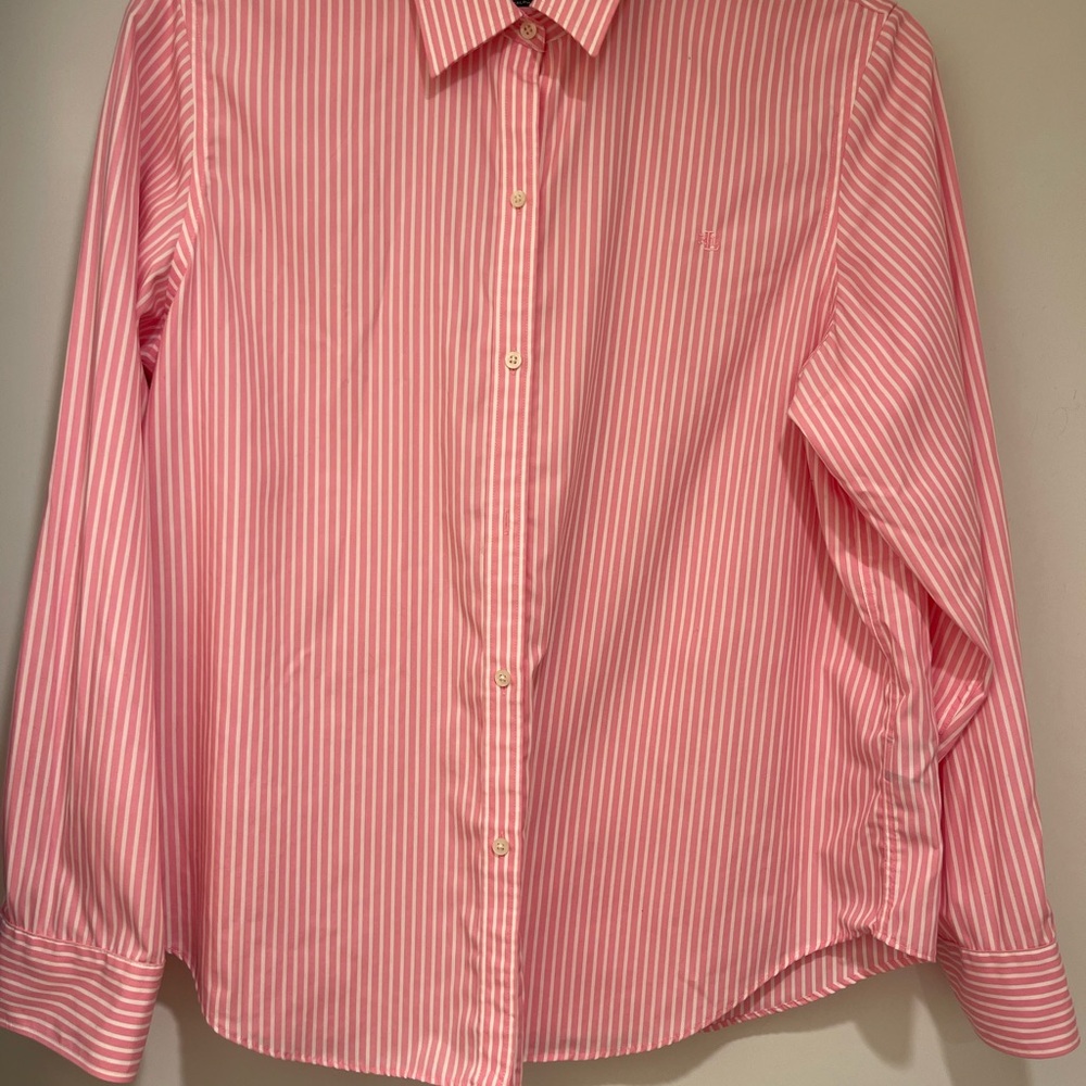 Lauren Ralph Lauren Non-Iron Pink and White Striped Button Down Blouse - XL